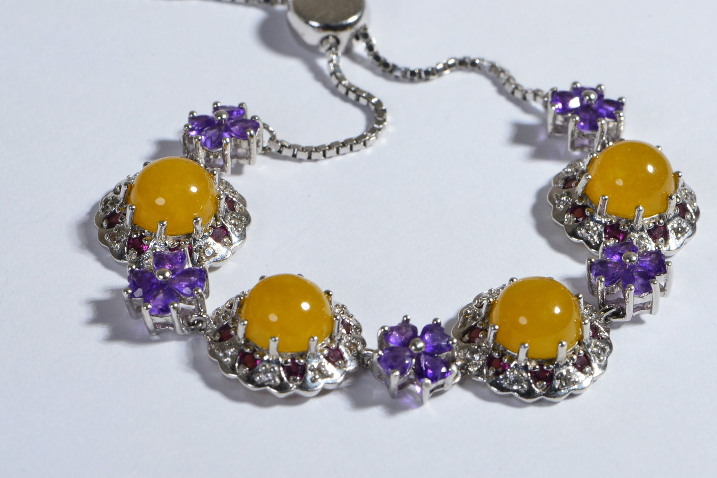 Yellow Jade Flower Bracelet, Amethyst Rhodolite Garnet, Rhodium Over Sterling Silver