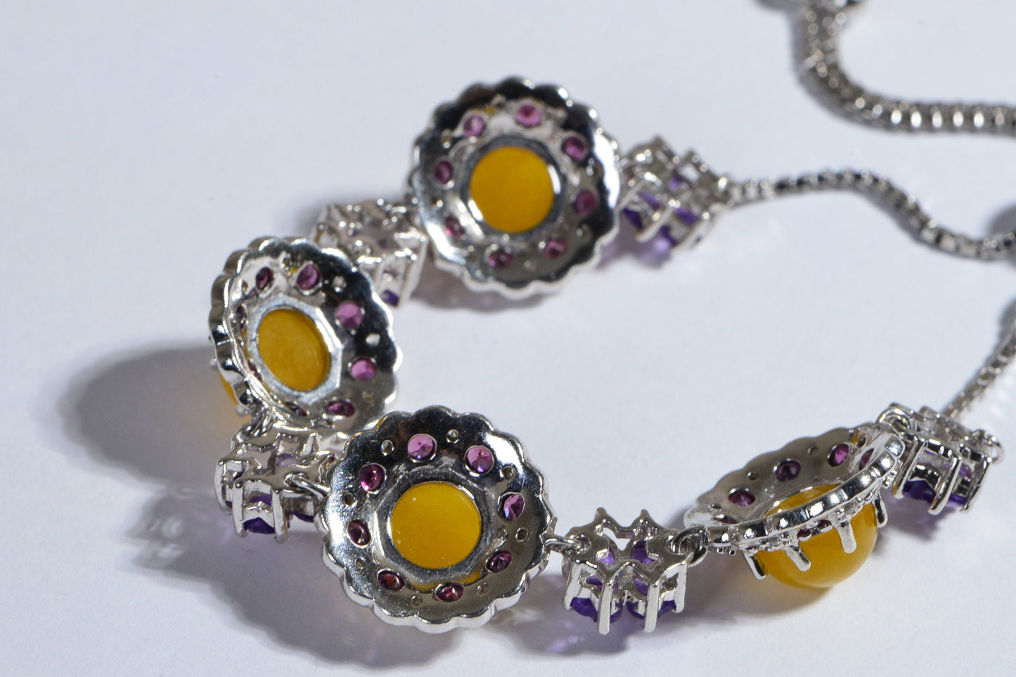 Yellow Jade Flower Bracelet, Amethyst Rhodolite Garnet, Rhodium Over Sterling Silver