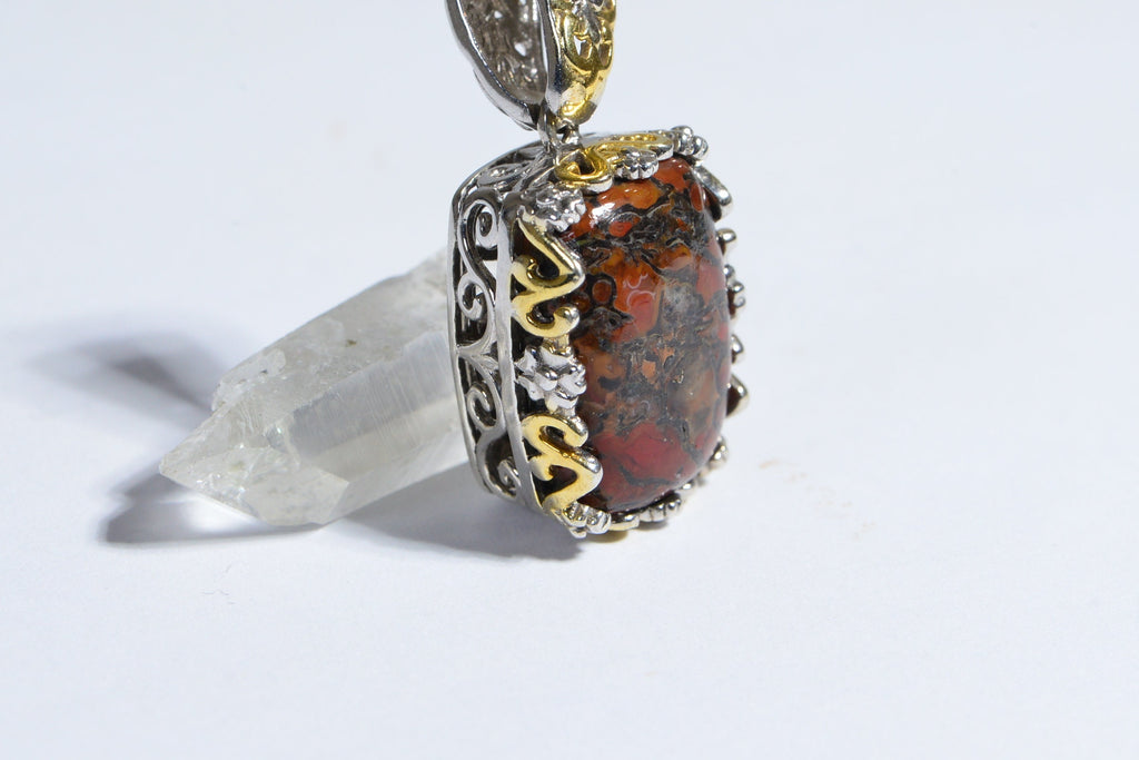 Dinosaur Bone Sterling Silver Pendant Fossilized Dino Bone Genuine Gemstone Necklace Red Orange Brown