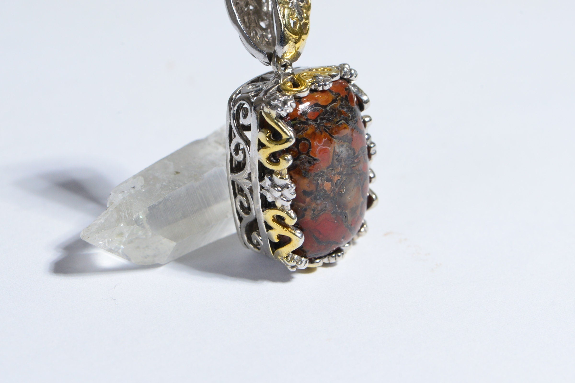 Dinosaur Bone Sterling Silver Pendant Fossilized Dino Bone Genuine Gemstone Necklace Red Orange Brown