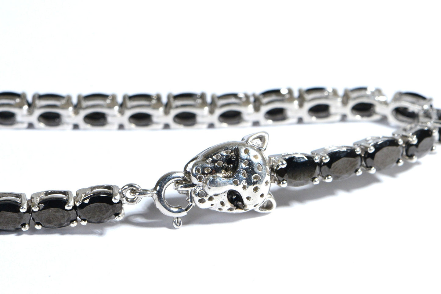 Black Spinel Tennis Bracelet, Sterling Silver Leopard Clasp, 7.25 Inch
