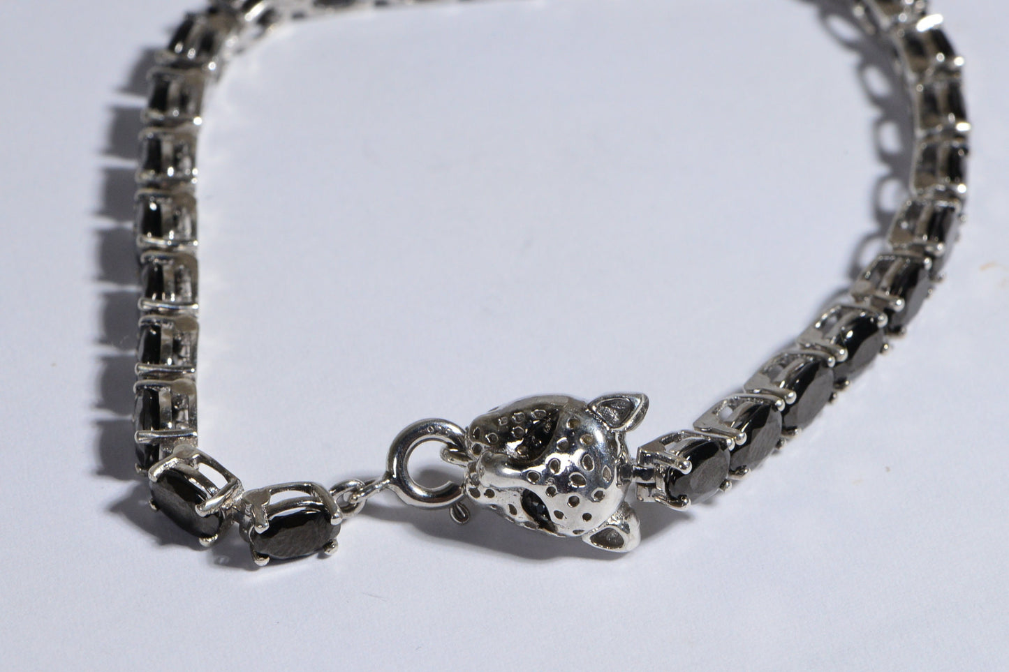 Black Spinel Tennis Bracelet, Sterling Silver Leopard Clasp, 7.25 Inch