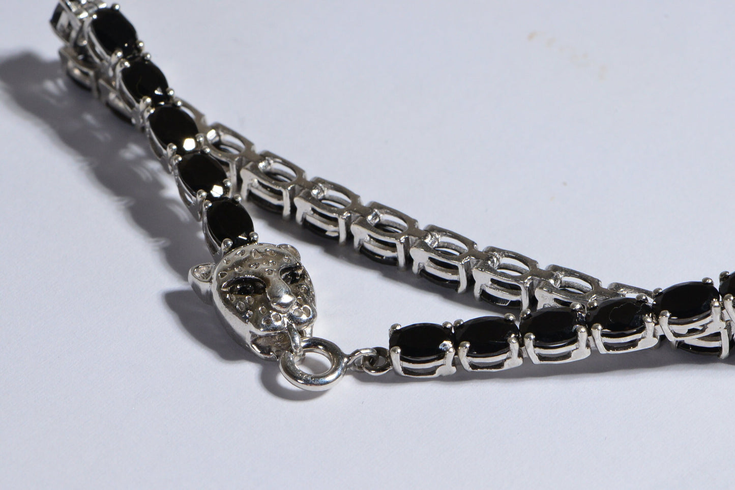 Black Spinel Tennis Bracelet, Sterling Silver Leopard Clasp, 7.25 Inch
