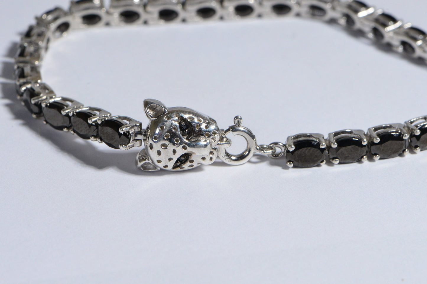 Black Spinel Tennis Bracelet, Sterling Silver Leopard Clasp, 7.25 Inch