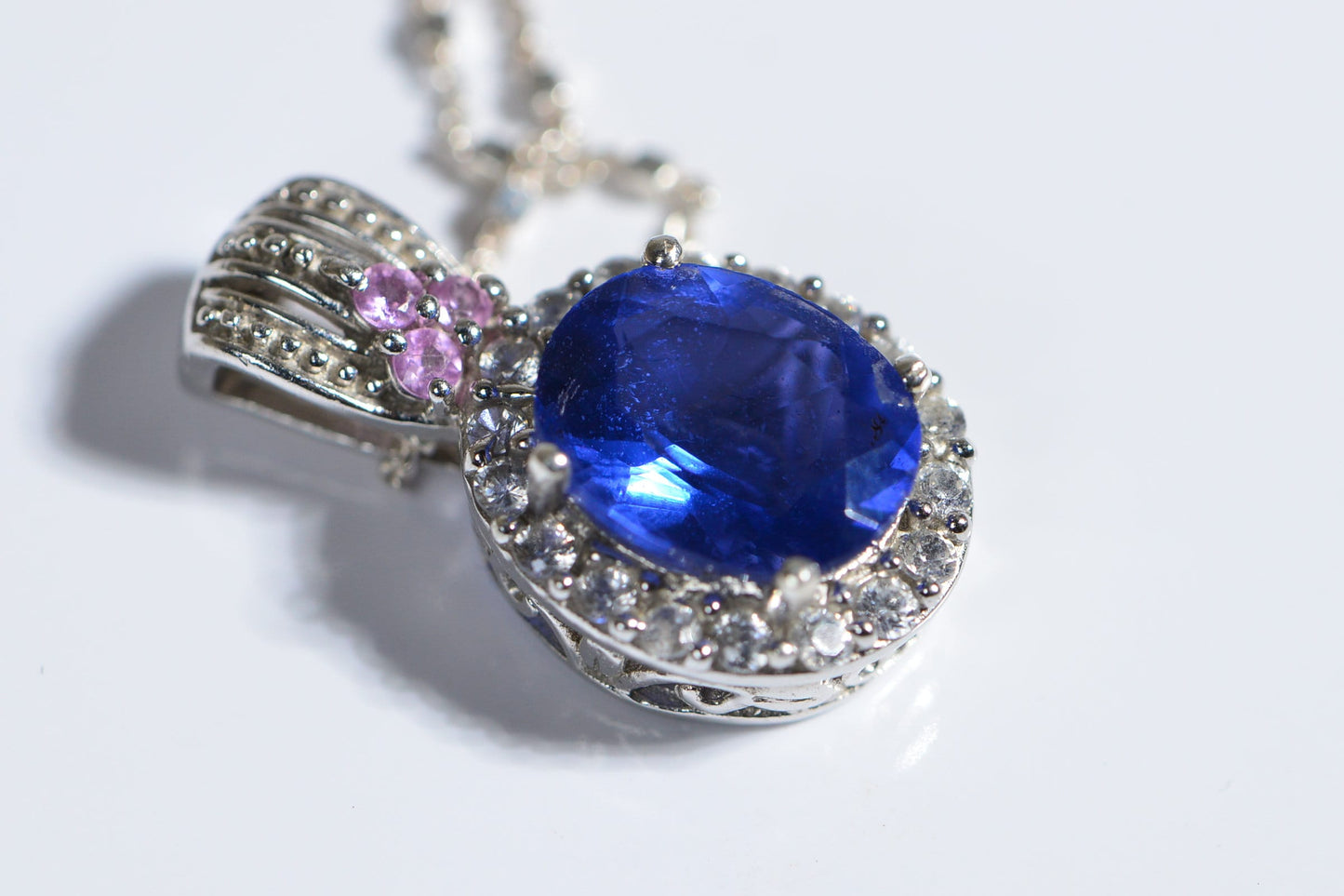 Color Change Fluorite Sterling Silver Pendant Necklace, White Topaz, Pink Sapphire