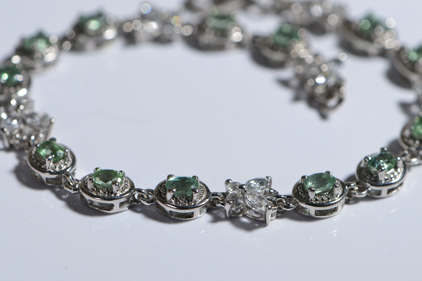 Green Amethyst & White Topaz Bracelet, Sterling Silver Tennis Bracelet
