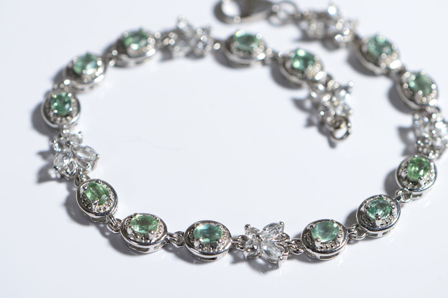 Green Amethyst & White Topaz Bracelet, Sterling Silver Tennis Bracelet