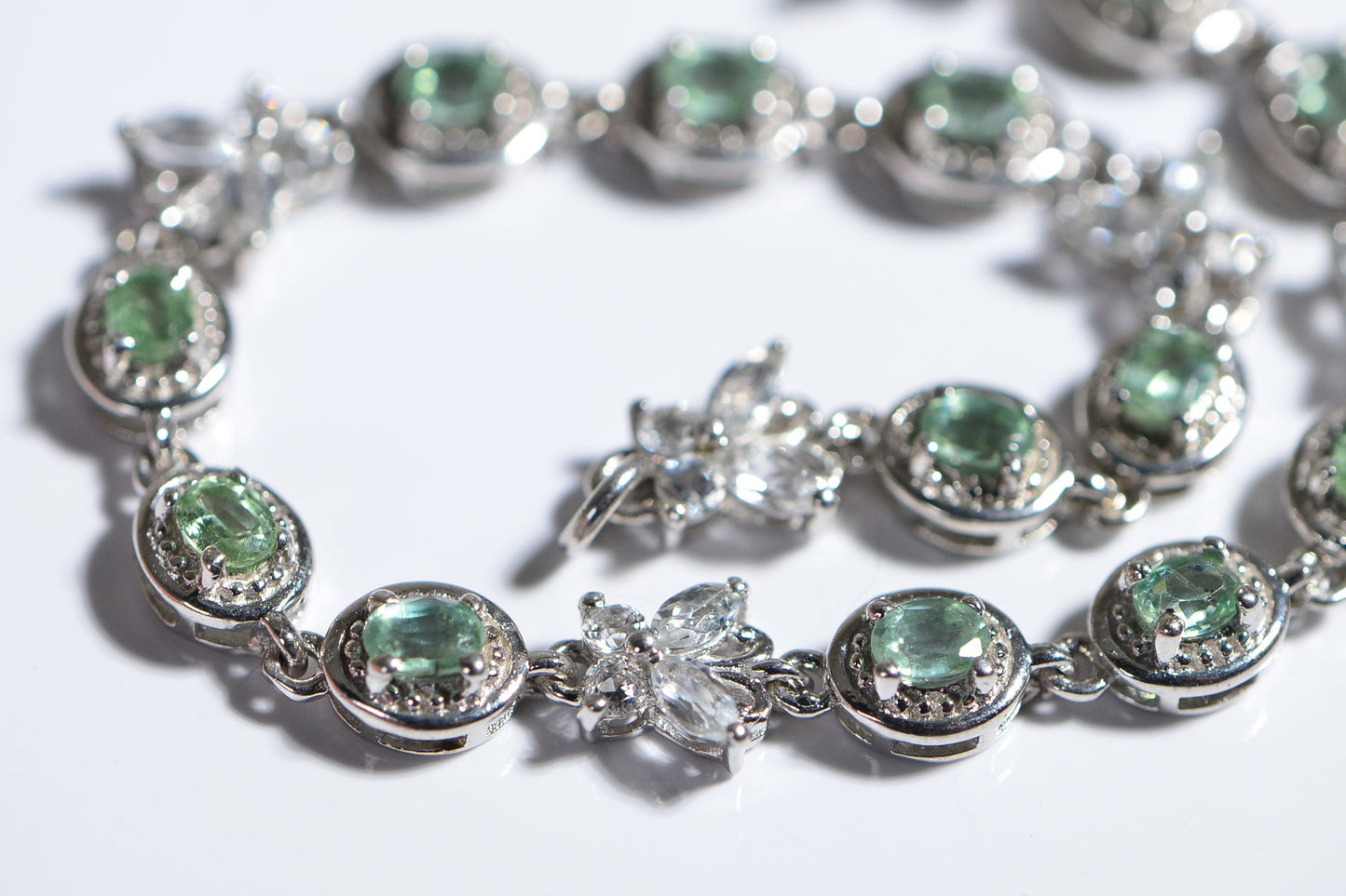 Green Amethyst & White Topaz Bracelet, Sterling Silver Tennis Bracelet