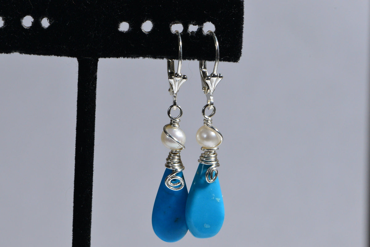 Sleeping Beauty Turquoise Earrings: Pearl Wire Wrapped Sterling Silver Teardrops