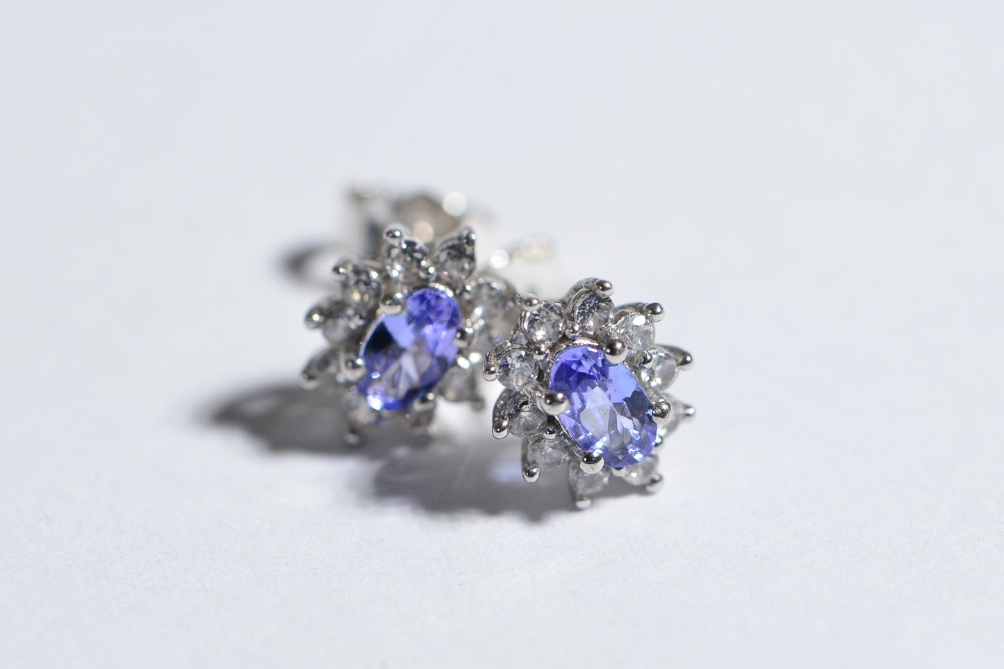 Vintage Tanzanite Stud Earrings, Diamond Halo, Sterling Silver