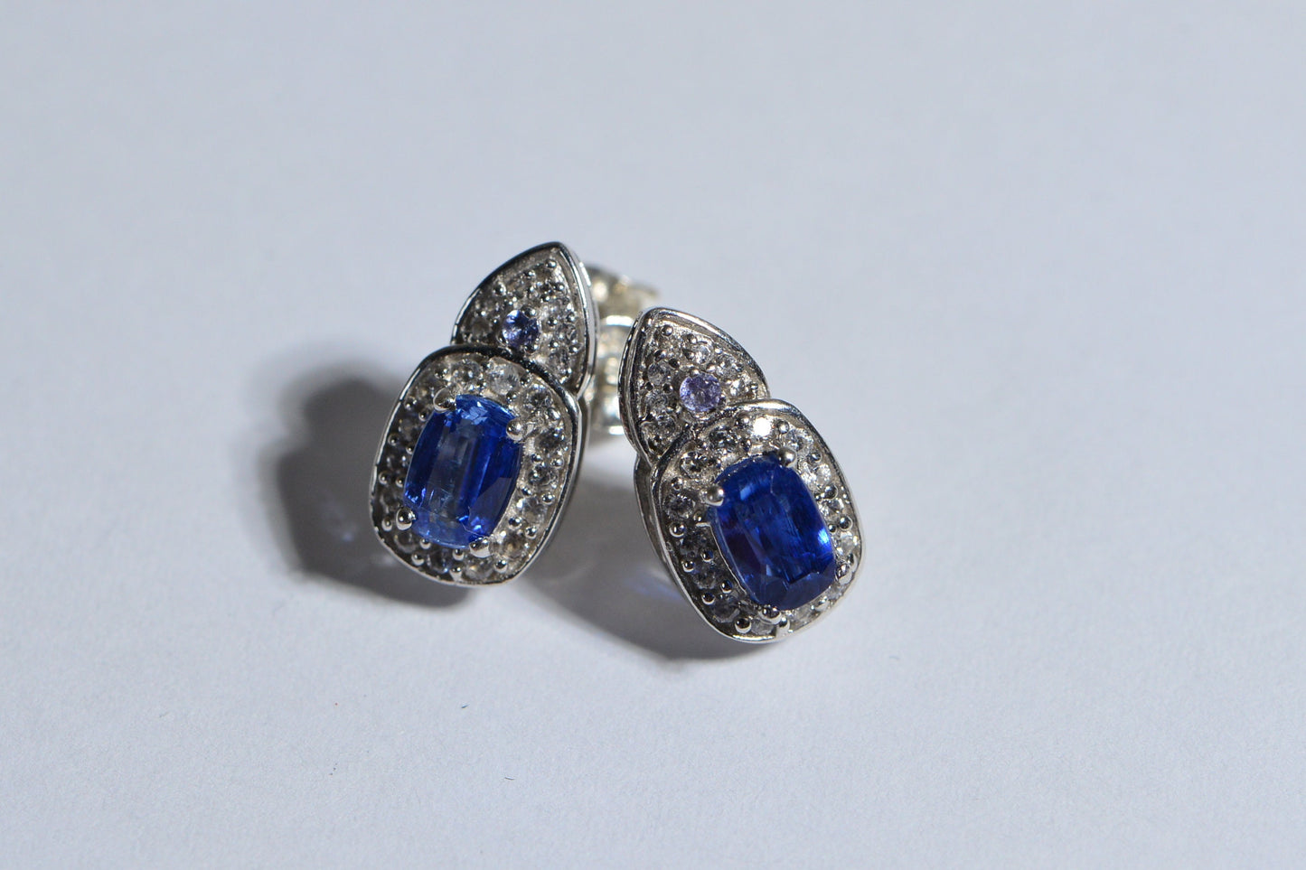 Sapphire Halo Stud Earrings, Zircon & Tanzanite, 14K White Gold over Sterling Silver
