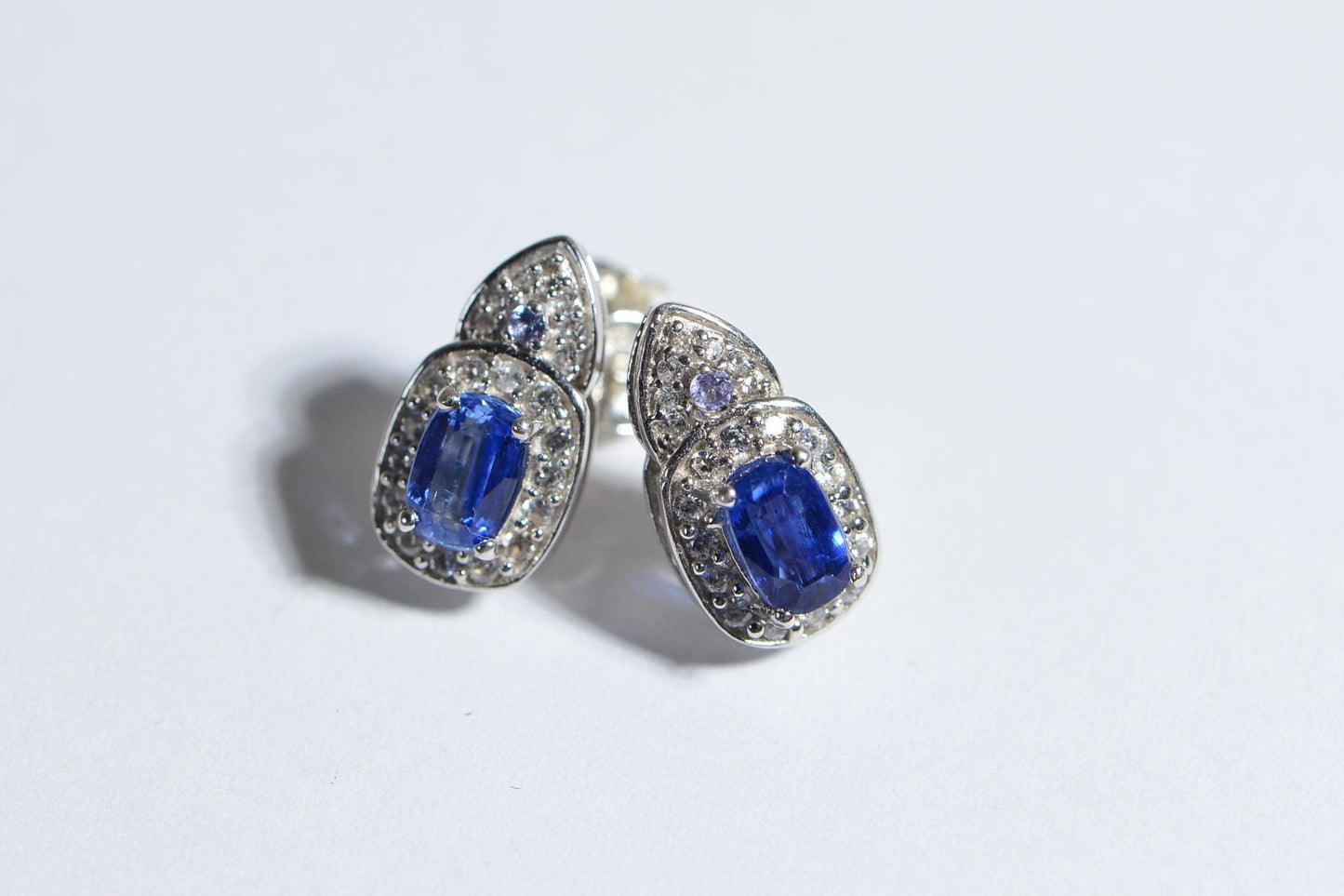 Sapphire Halo Stud Earrings, Zircon & Tanzanite, 14K White Gold over Sterling Silver