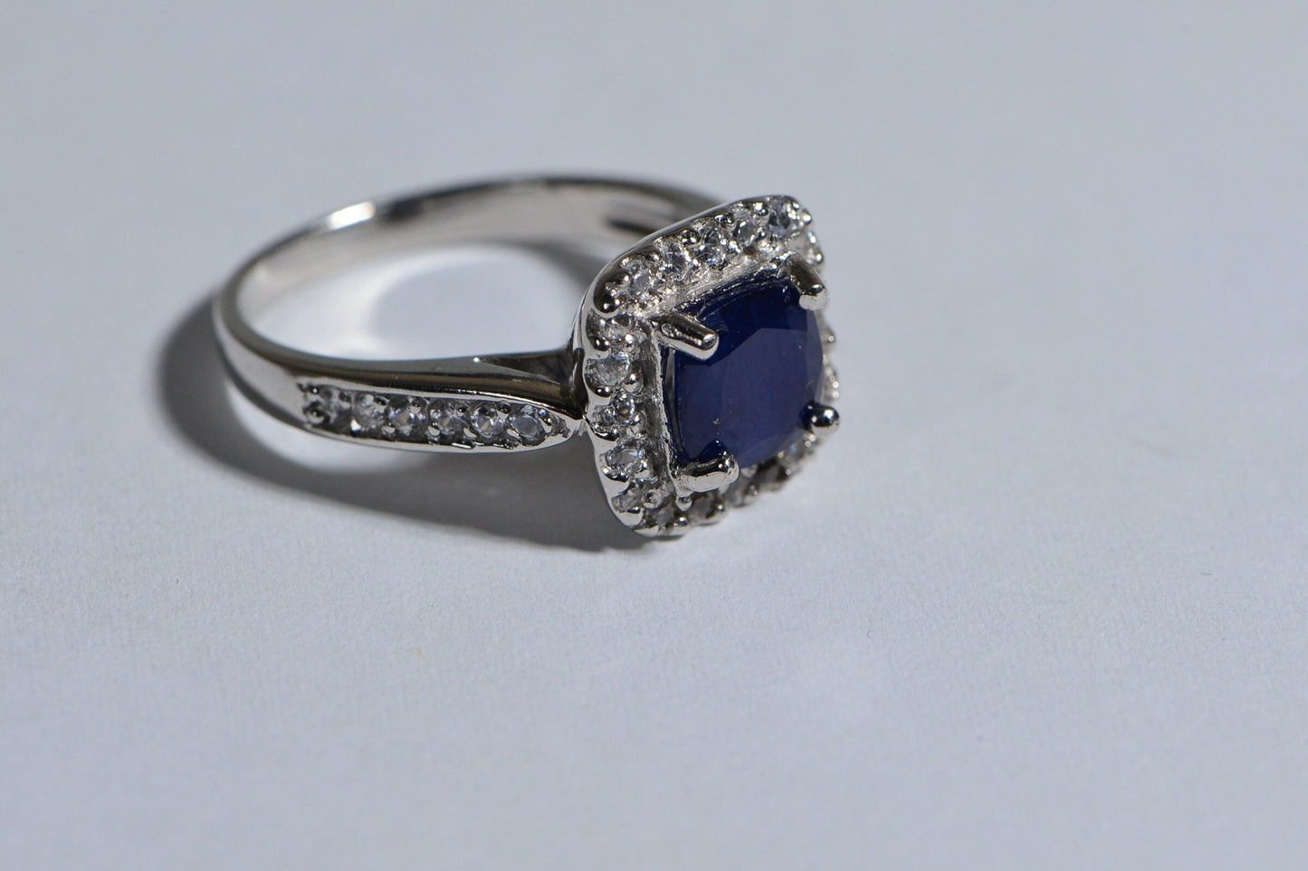 Blue Sapphire Halo Ring, Sterling Silver Cushion Cut, Zircon Accents