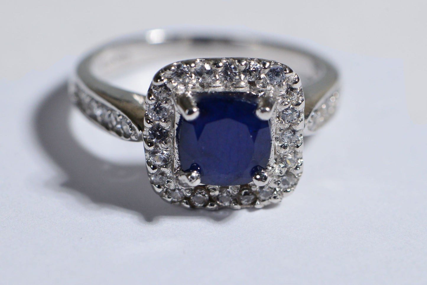 Blue Sapphire Halo Ring, Sterling Silver Cushion Cut, Zircon Accents