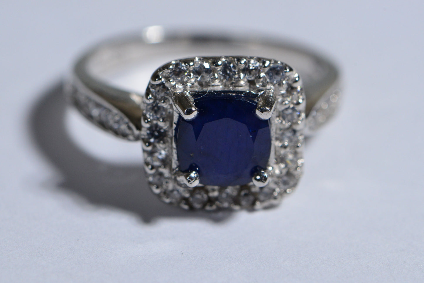 Blue Sapphire Halo Ring, Sterling Silver Cushion Cut, Zircon Accents