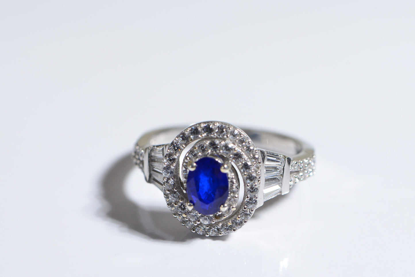 Blue Spinel White Topaz Zircon Rhodium over sterling silver Double Halo Style Promise Ring