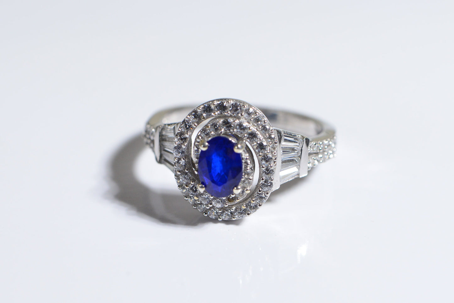Blue Spinel White Topaz Zircon Rhodium over sterling silver Double Halo Style Promise Ring