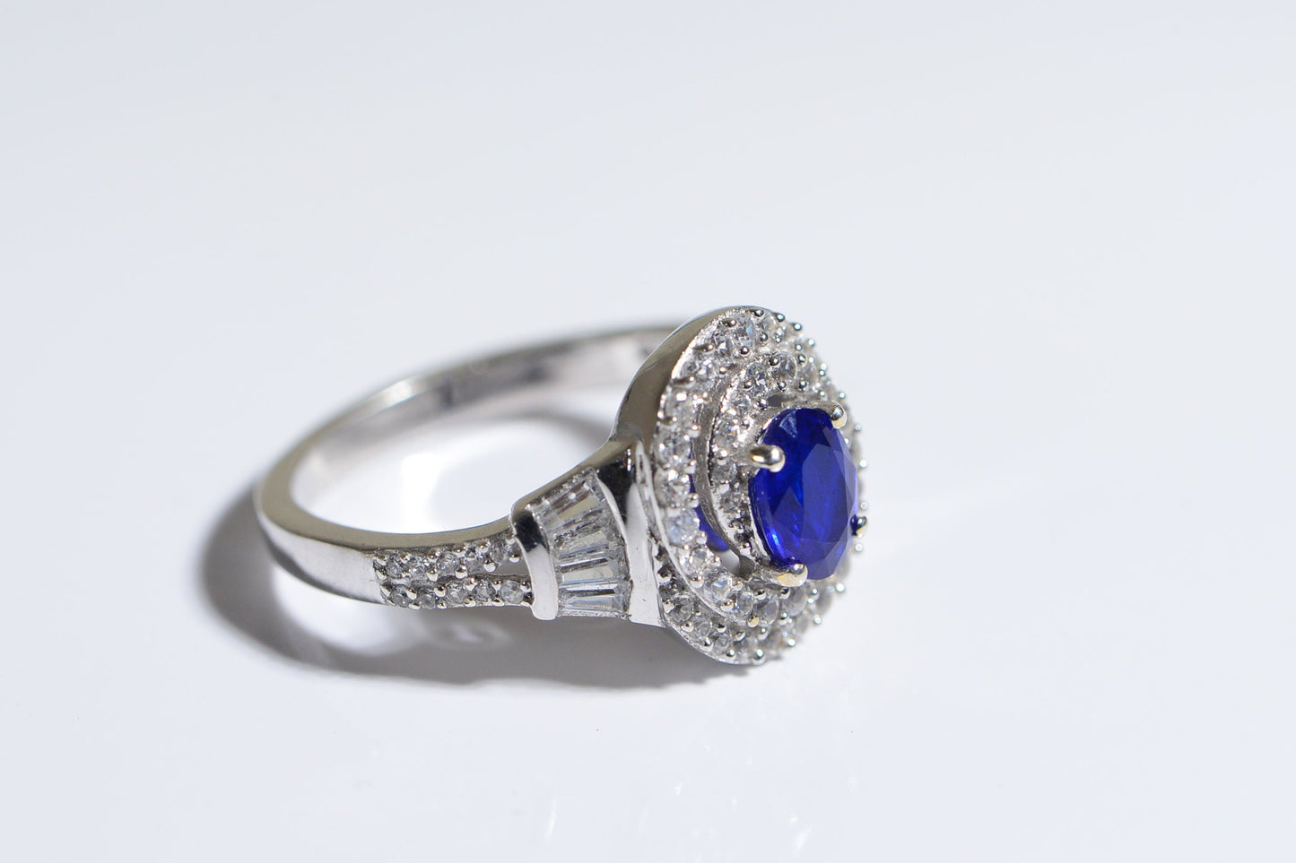 Blue Spinel White Topaz Zircon Rhodium over sterling silver Double Halo Style Promise Ring
