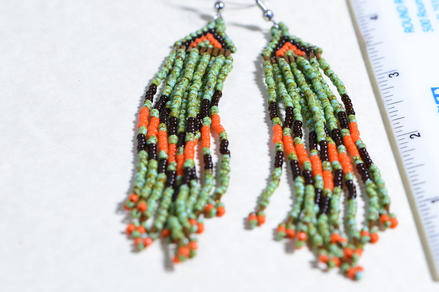 Turquoise Beaded Fringe Earrings, Native American Style, Czech Seed Bead