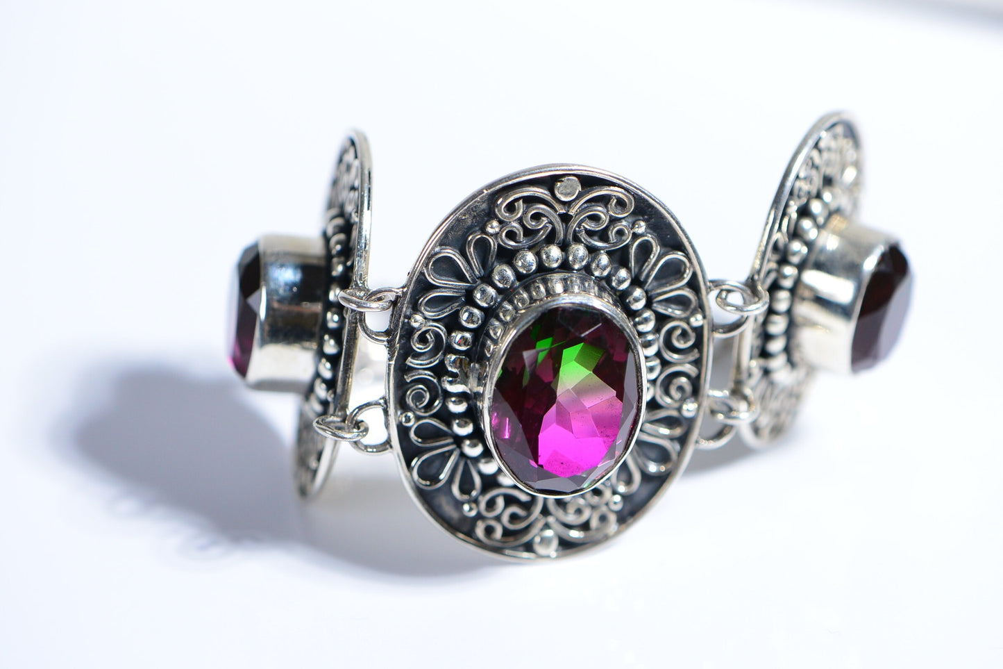 Tourmaline Watermelon  Wide Bracelet Patina Sterling Silver