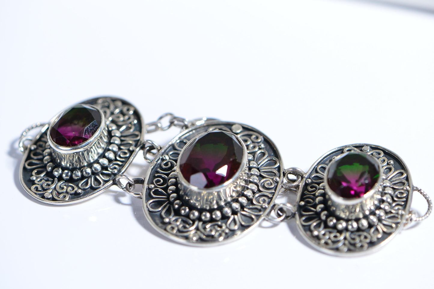 Tourmaline Watermelon  Wide Bracelet Patina Sterling Silver