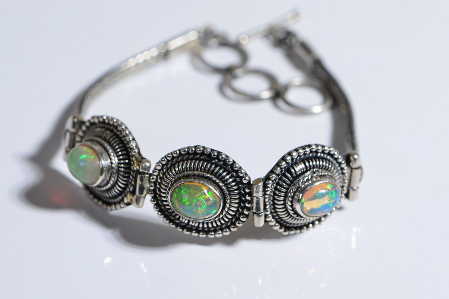 Ethiopian Welo Opal Bracelet, Sterling Silver Byzantine Toggle Clasp