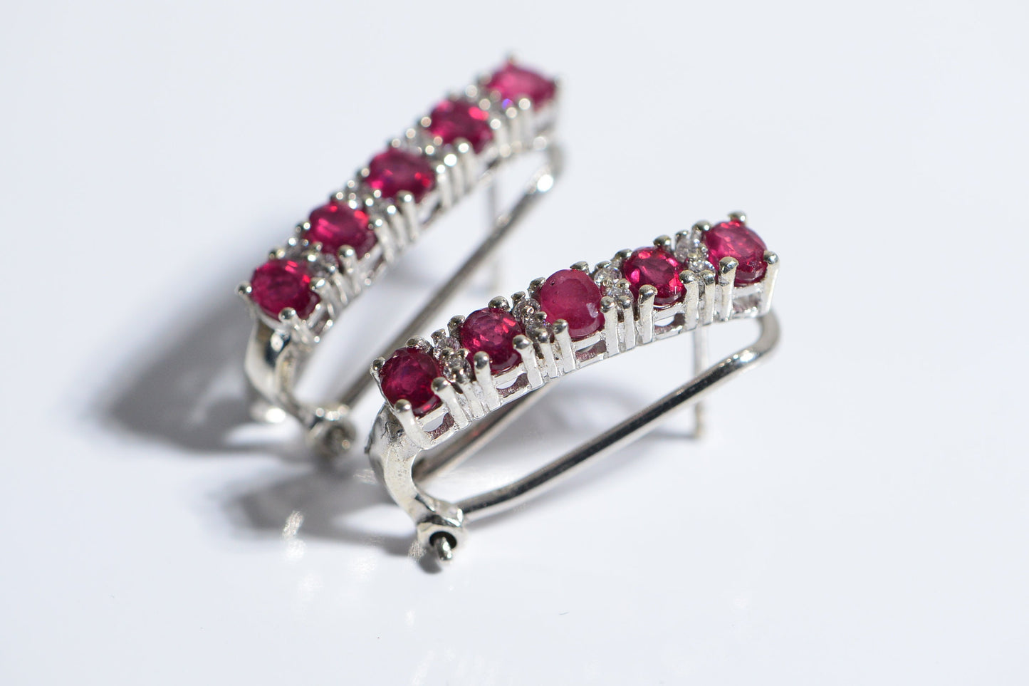 Natural Ruby Sterling Silver Hoop Earrings with Zircon Accent