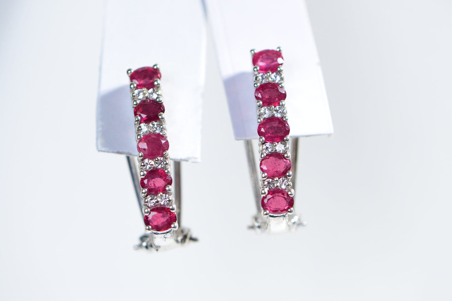 Natural Ruby Sterling Silver Hoop Earrings with Zircon Accent