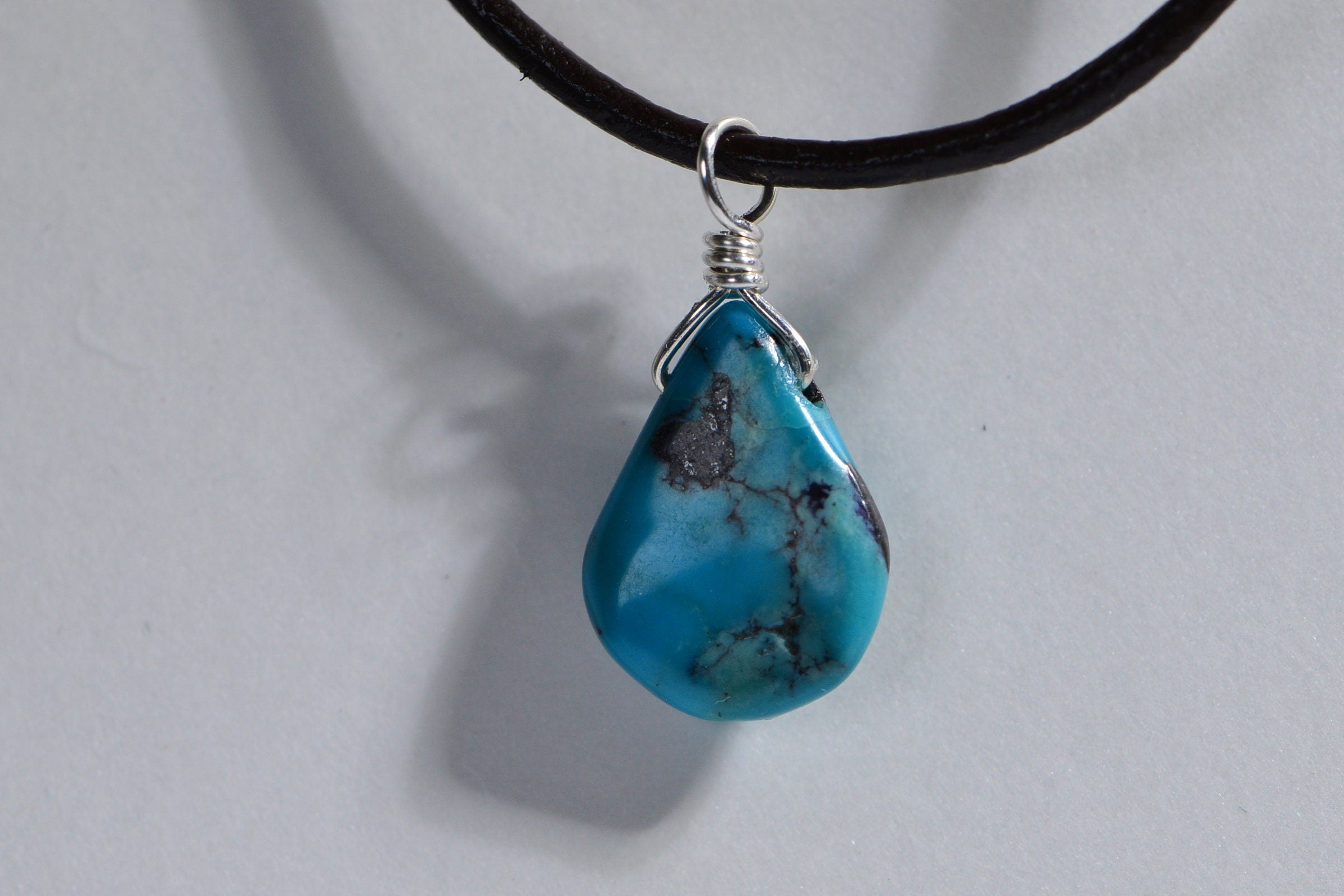 Sleeping Beauty Turquoise Pendant: Sterling Silver Wire Wrapped Teardrop