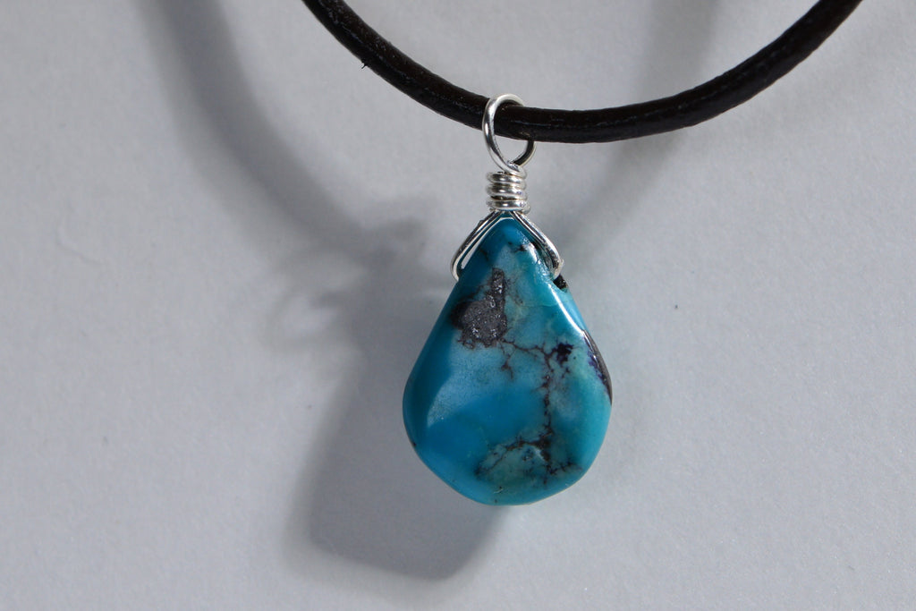 Sleeping Beauty Turquoise Pendant: Sterling Silver Wire Wrapped Teardrop