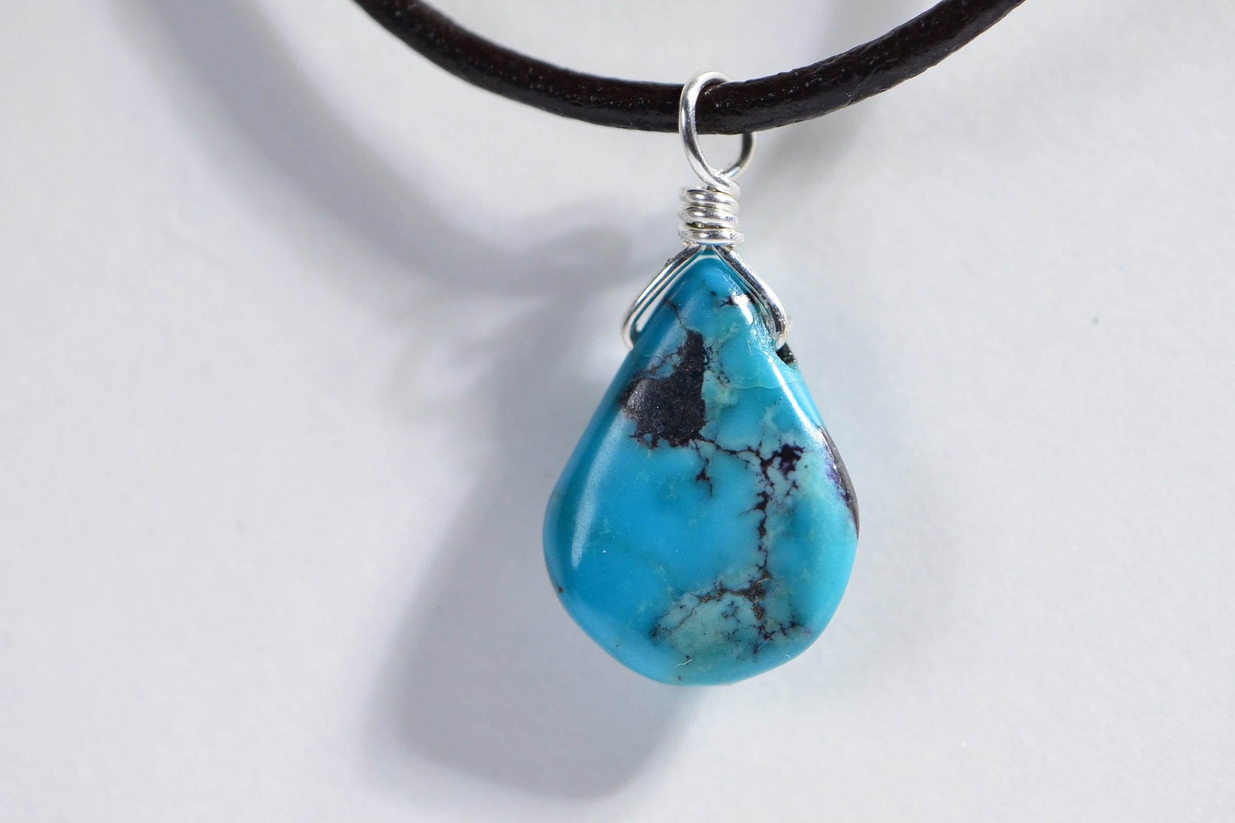 Sleeping Beauty Turquoise Pendant: Sterling Silver Wire Wrapped Teardrop