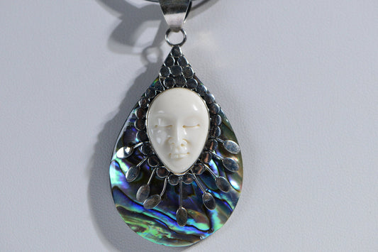 Abalone Shell Carved Bone Face Pendant Leather Necklace Sterling Silver Vintage Jewelry