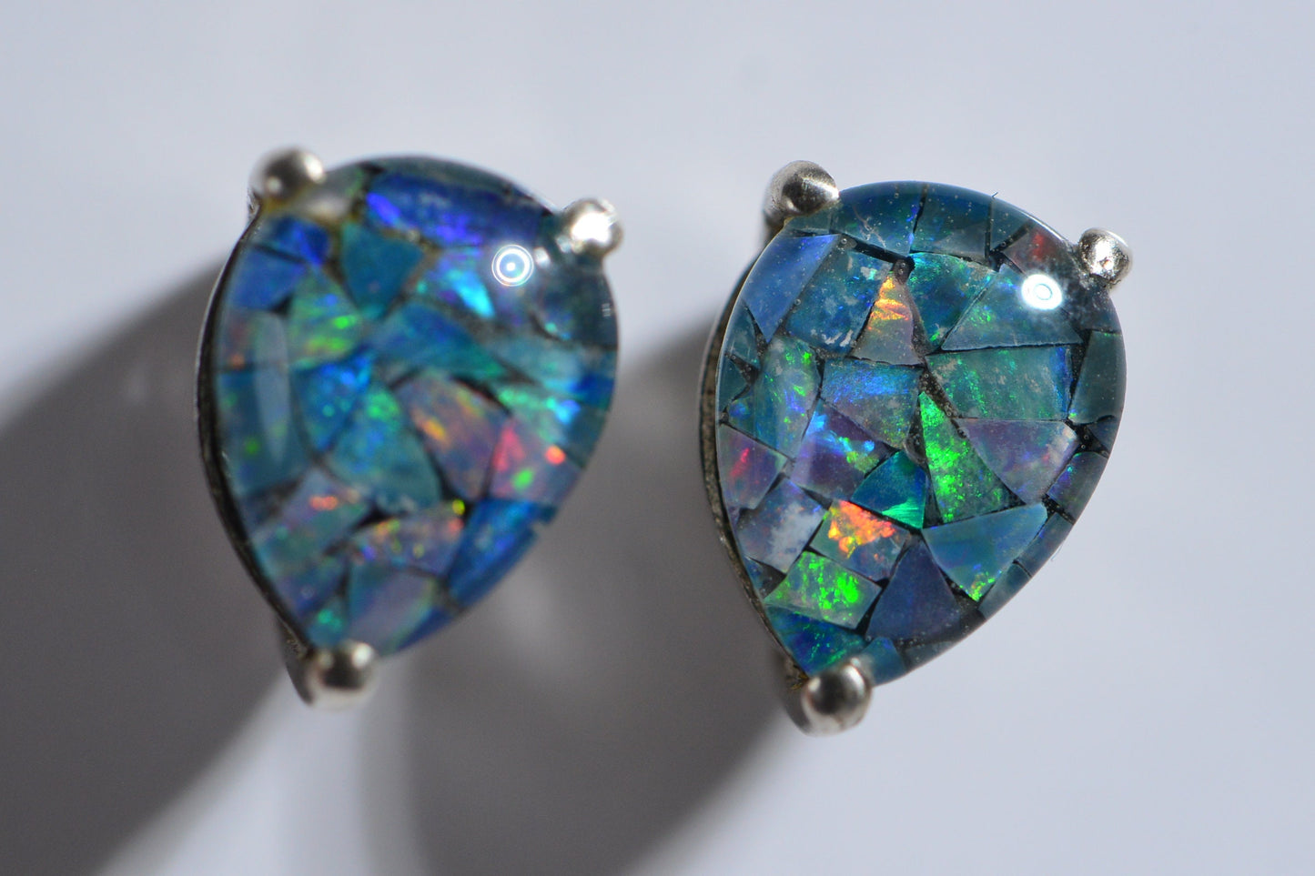 Australian Mosaic Opal Post  Earrings,Sterling Silver Gemstone Stud Teardrop Earrings Birthstone October
