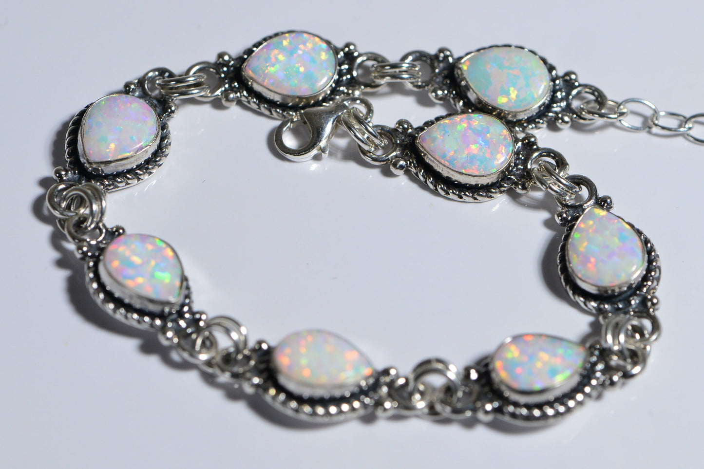 White Opal Bracelet Sterling Silver Chain Gemstone Bezel Setting Opal Birthstone October