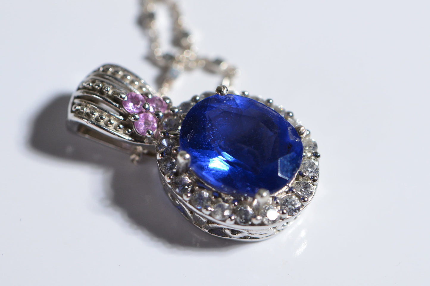 Color Change Fluorite Sterling Silver Pendant Necklace, White Topaz, Pink Sapphire