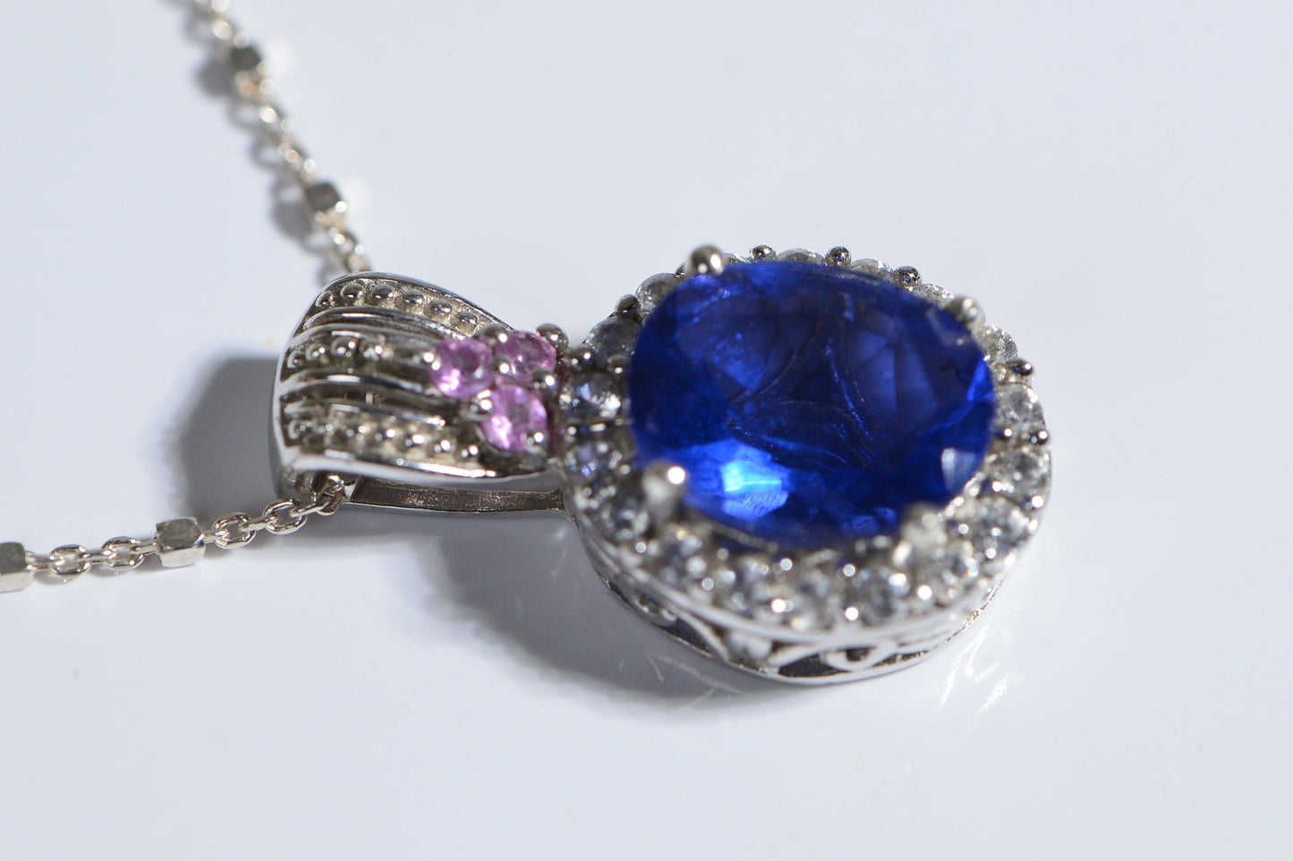 Color Change Fluorite Sterling Silver Pendant Necklace, White Topaz, Pink Sapphire