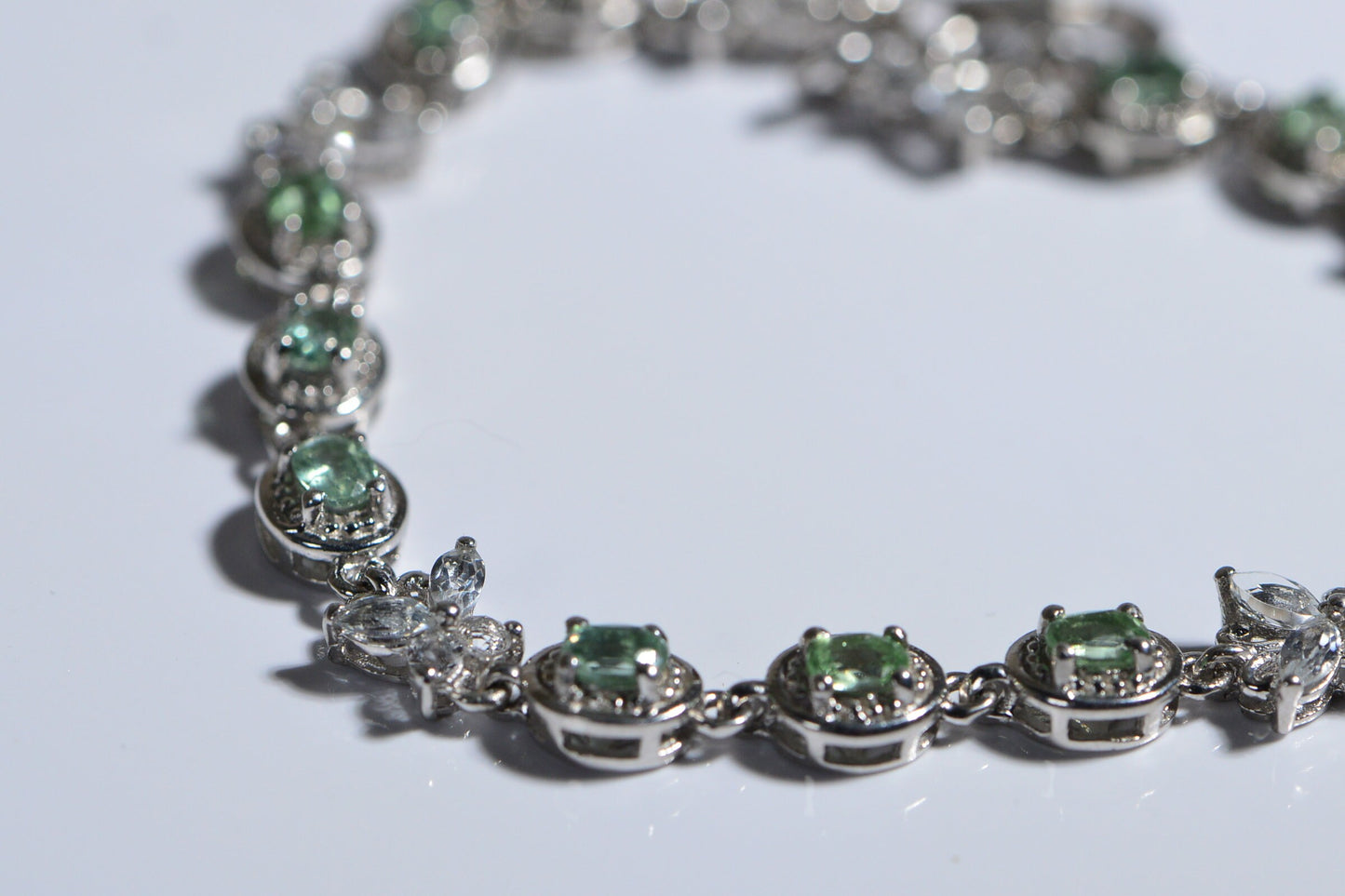 Green Amethyst & White Topaz Bracelet, Sterling Silver Tennis Bracelet