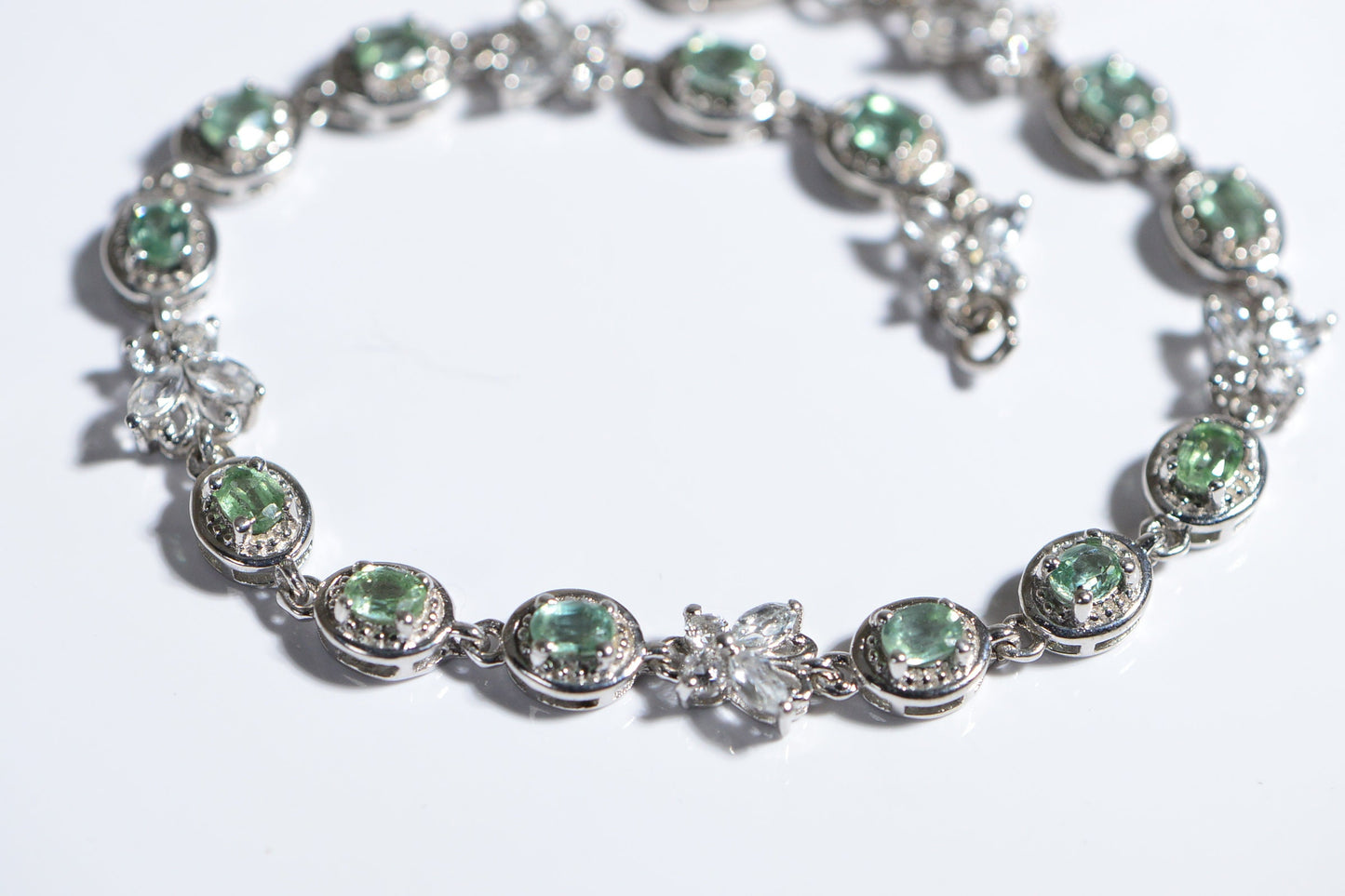 Green Amethyst & White Topaz Bracelet, Sterling Silver Tennis Bracelet