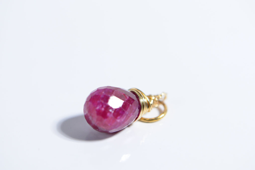 Genuine Ruby Facet  Briolette, Wire Wrapped 14k Gold Filled Birthstone for July