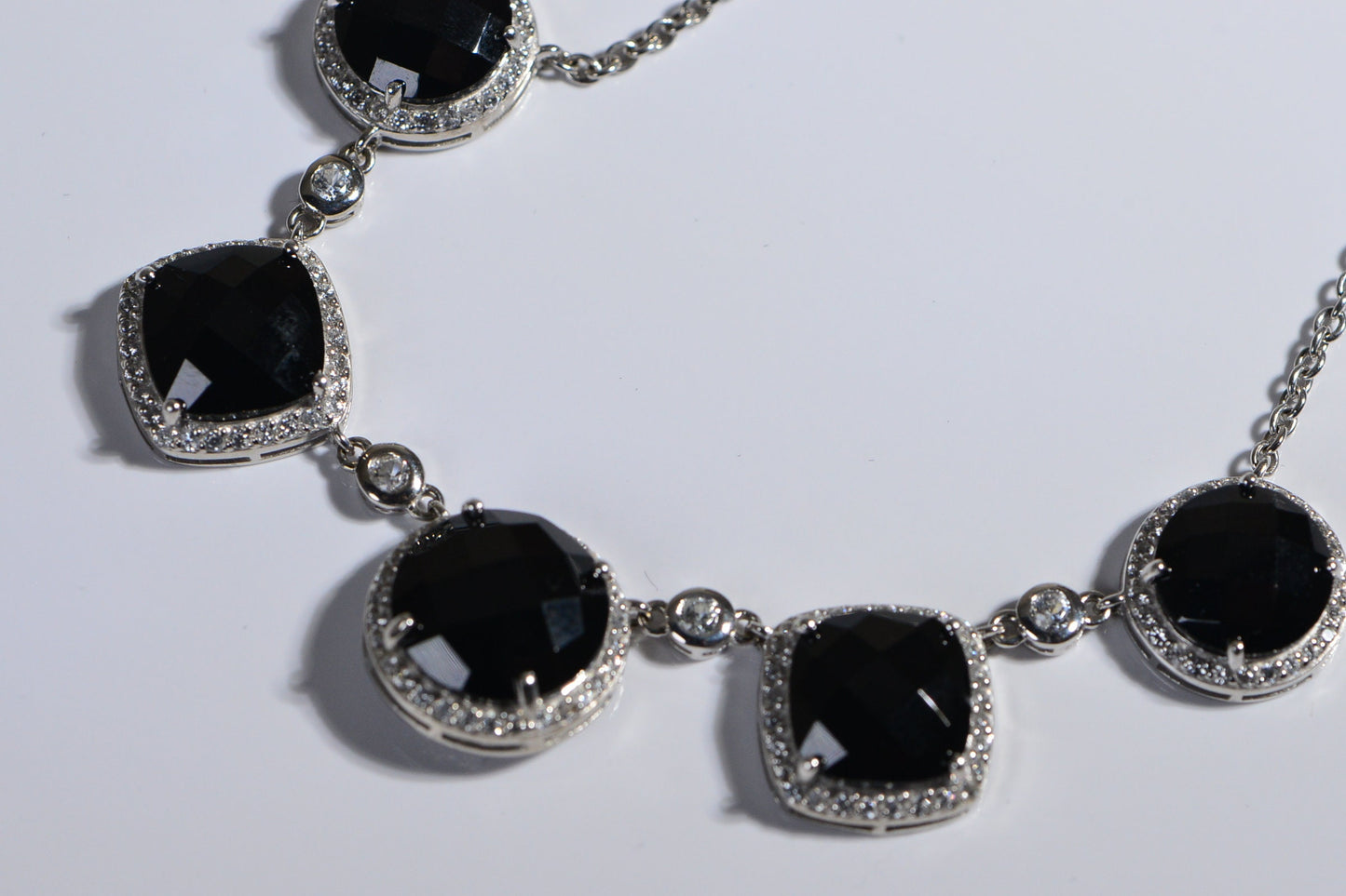Black Spinel And White Zircon Halo Necklace Rhodium Over Sterling Silver Vintage Necklace
