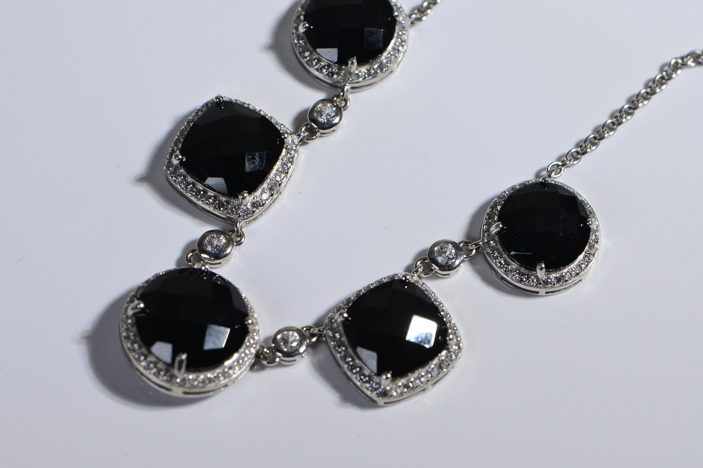Black Spinel And White Zircon Halo Necklace Rhodium Over Sterling Silver Vintage Necklace