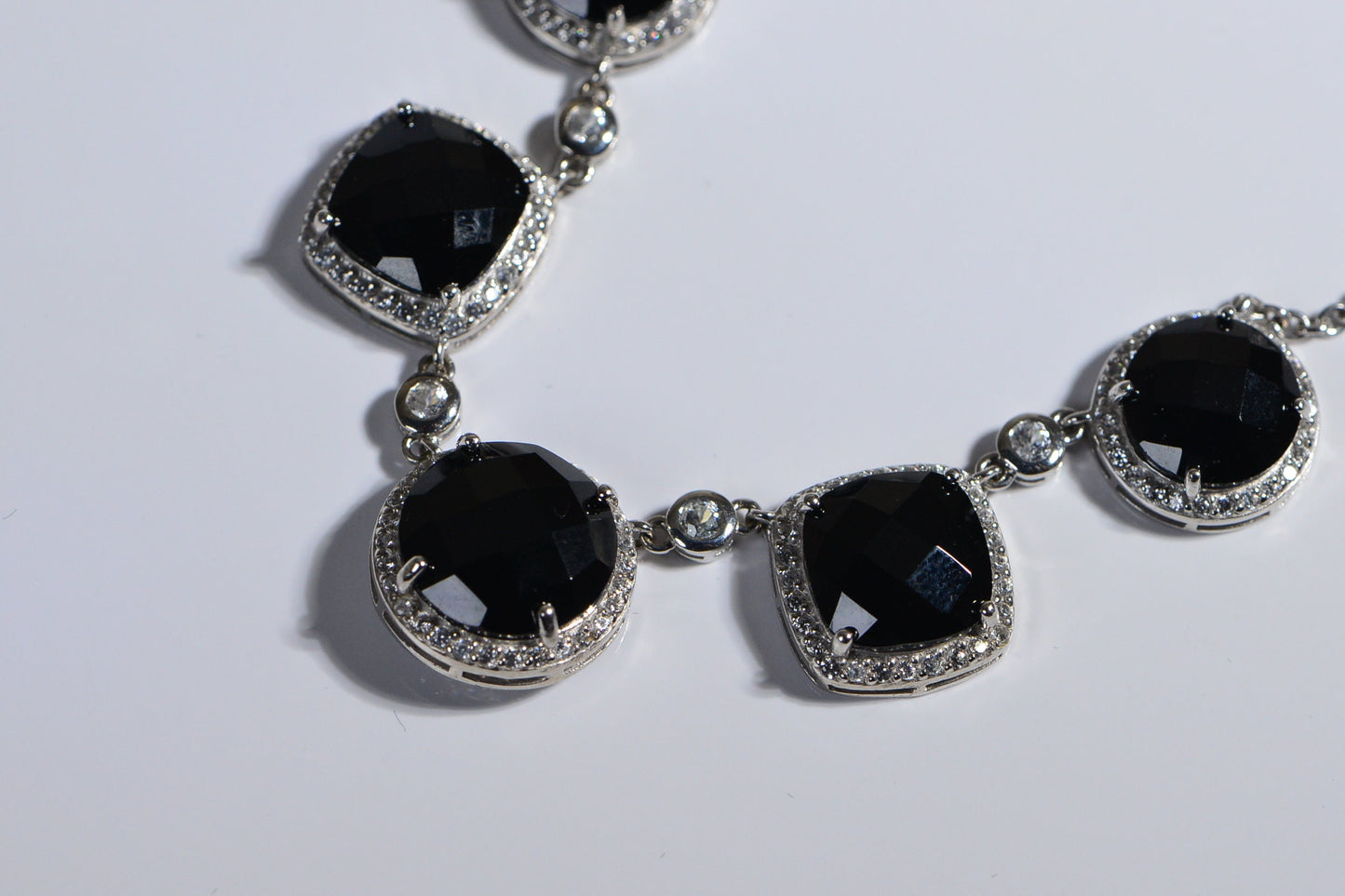 Black Spinel And White Zircon Halo Necklace Rhodium Over Sterling Silver Vintage Necklace