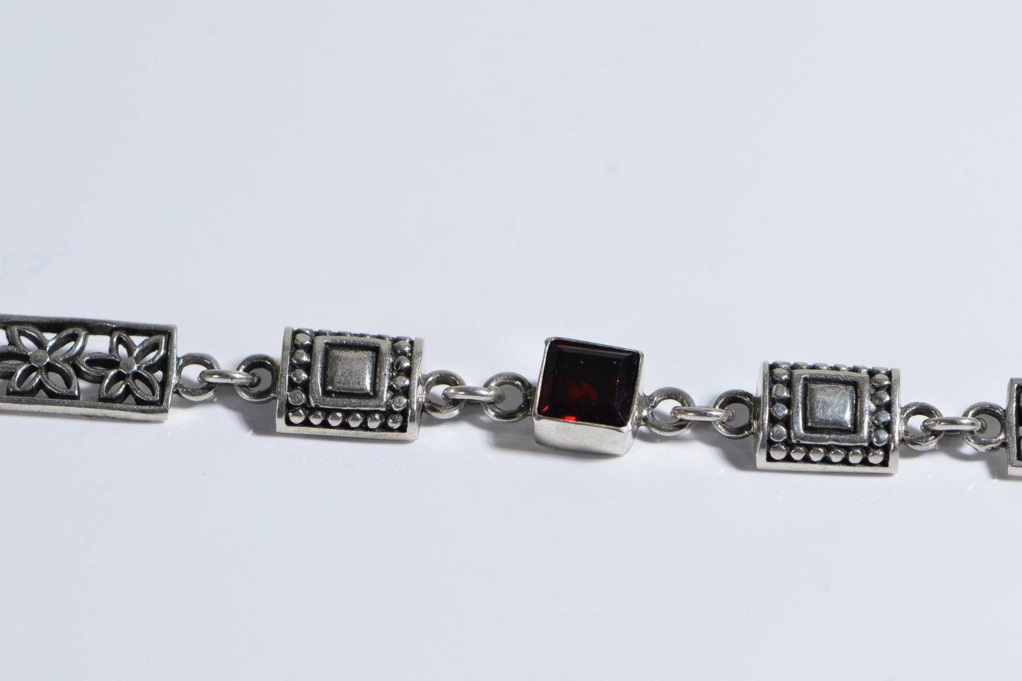 Natural Garnet Square  Link Bracelet , Sterling Silver Flower Design