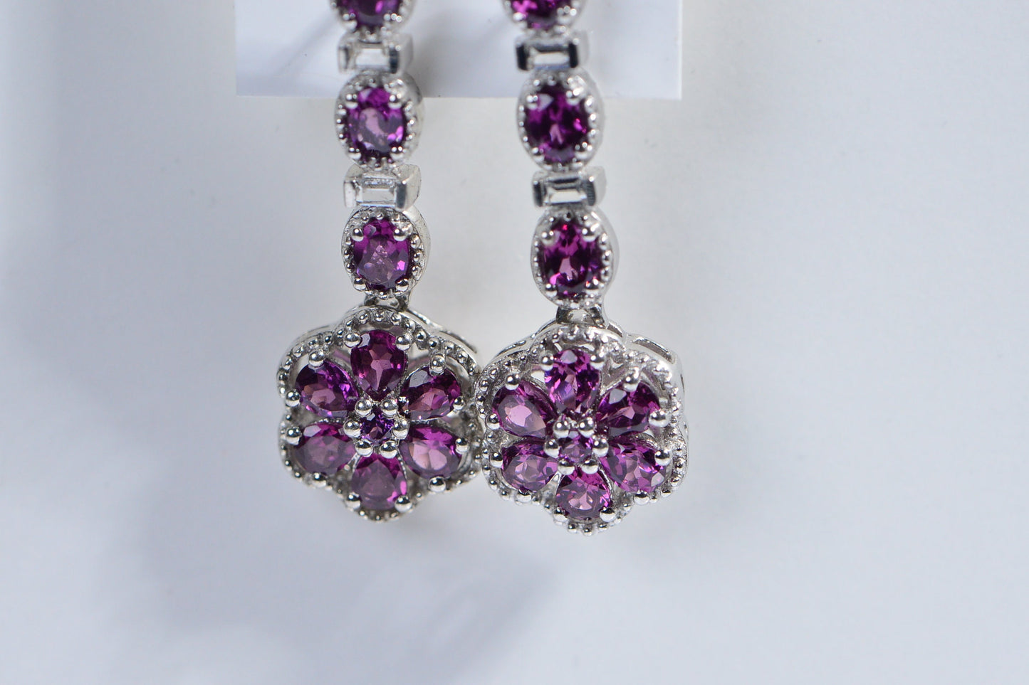 Rhodolite Garnet Earrings, Sterling Silver Flower Cluster, 6 Carat
