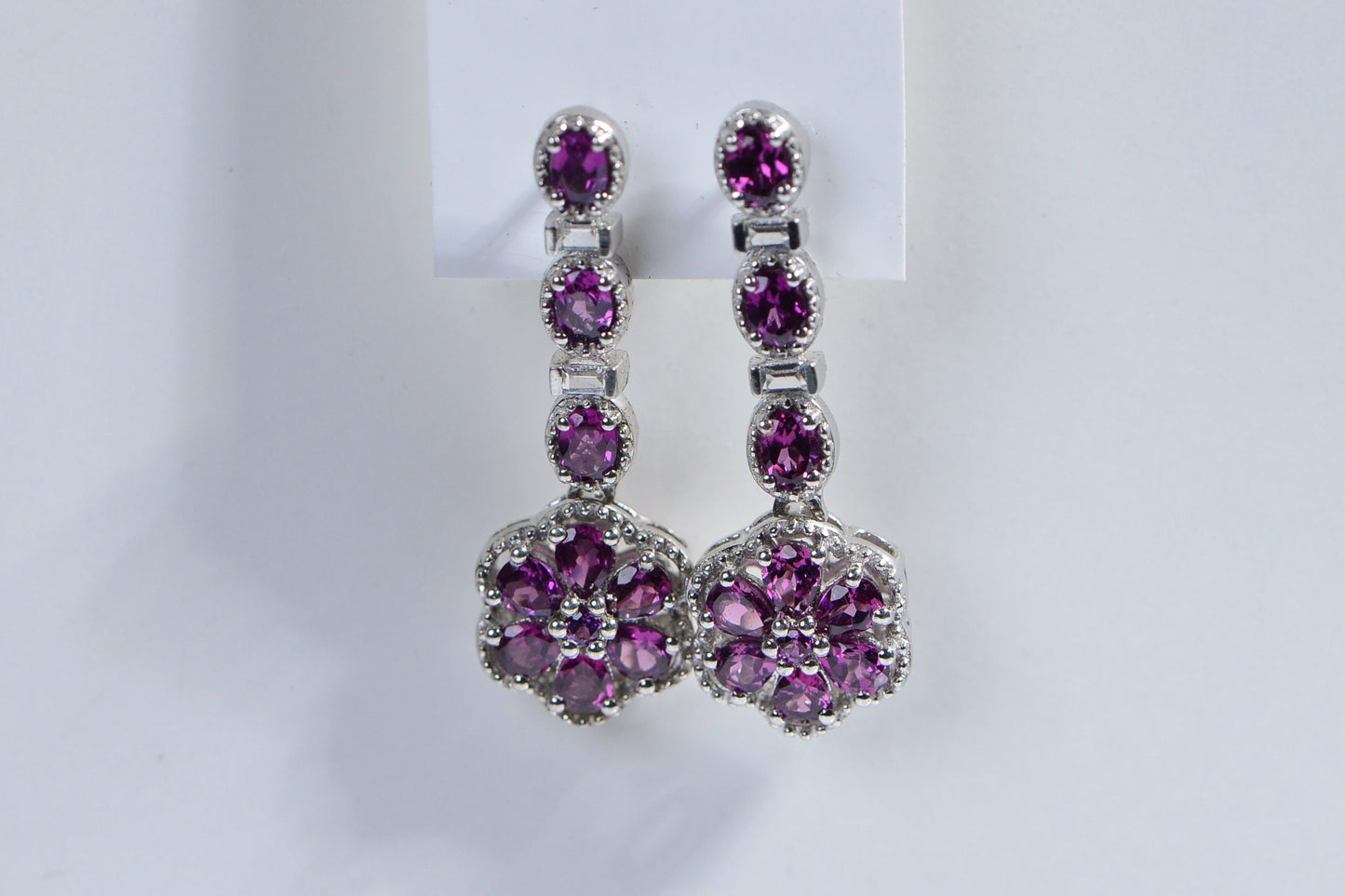 Rhodolite Garnet Earrings, Sterling Silver Flower Cluster, 6 Carat