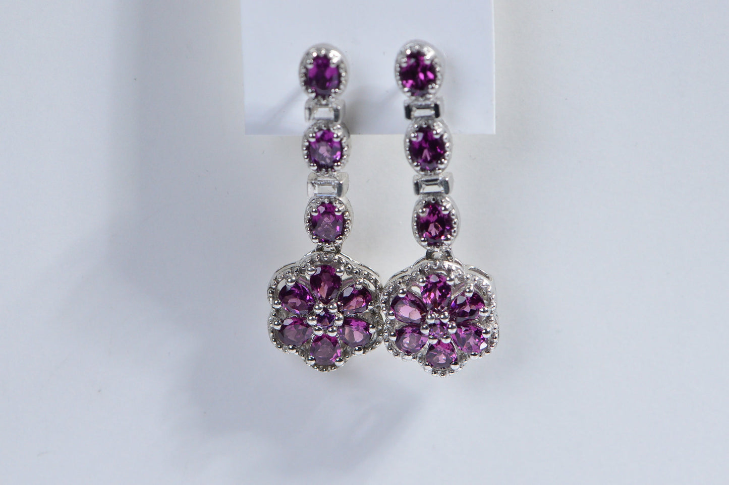 Rhodolite Garnet Earrings, Sterling Silver Flower Cluster, 6 Carat