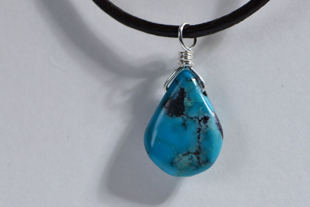 Sleeping Beauty Turquoise Pendant: Sterling Silver Wire Wrapped Teardrop