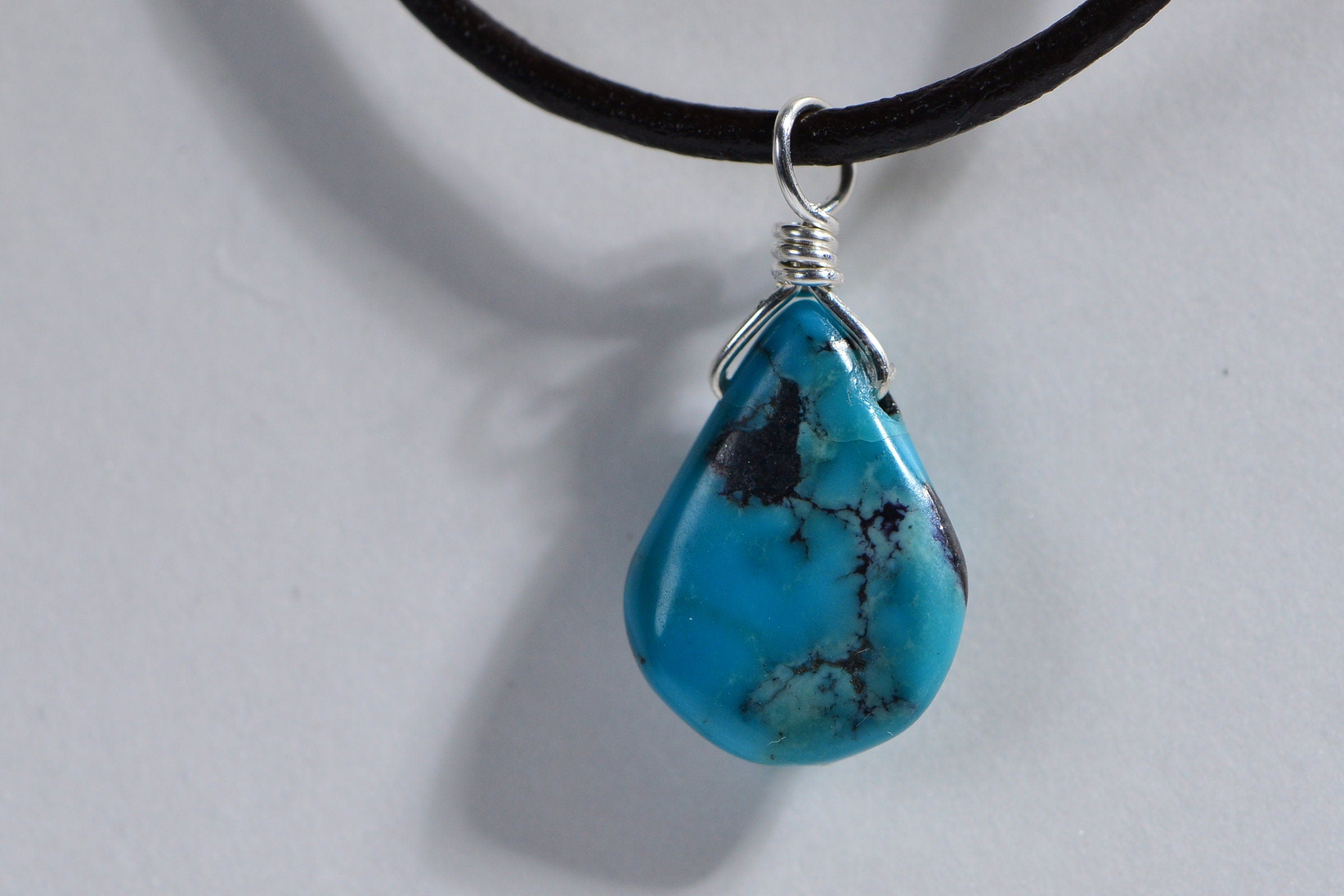 Sleeping Beauty Turquoise Pendant: Sterling Silver Wire Wrapped Teardrop