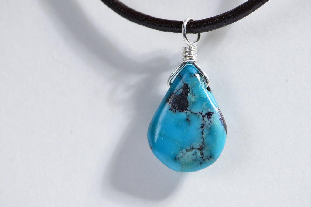 Sleeping Beauty Turquoise Pendant: Sterling Silver Wire Wrapped Teardrop