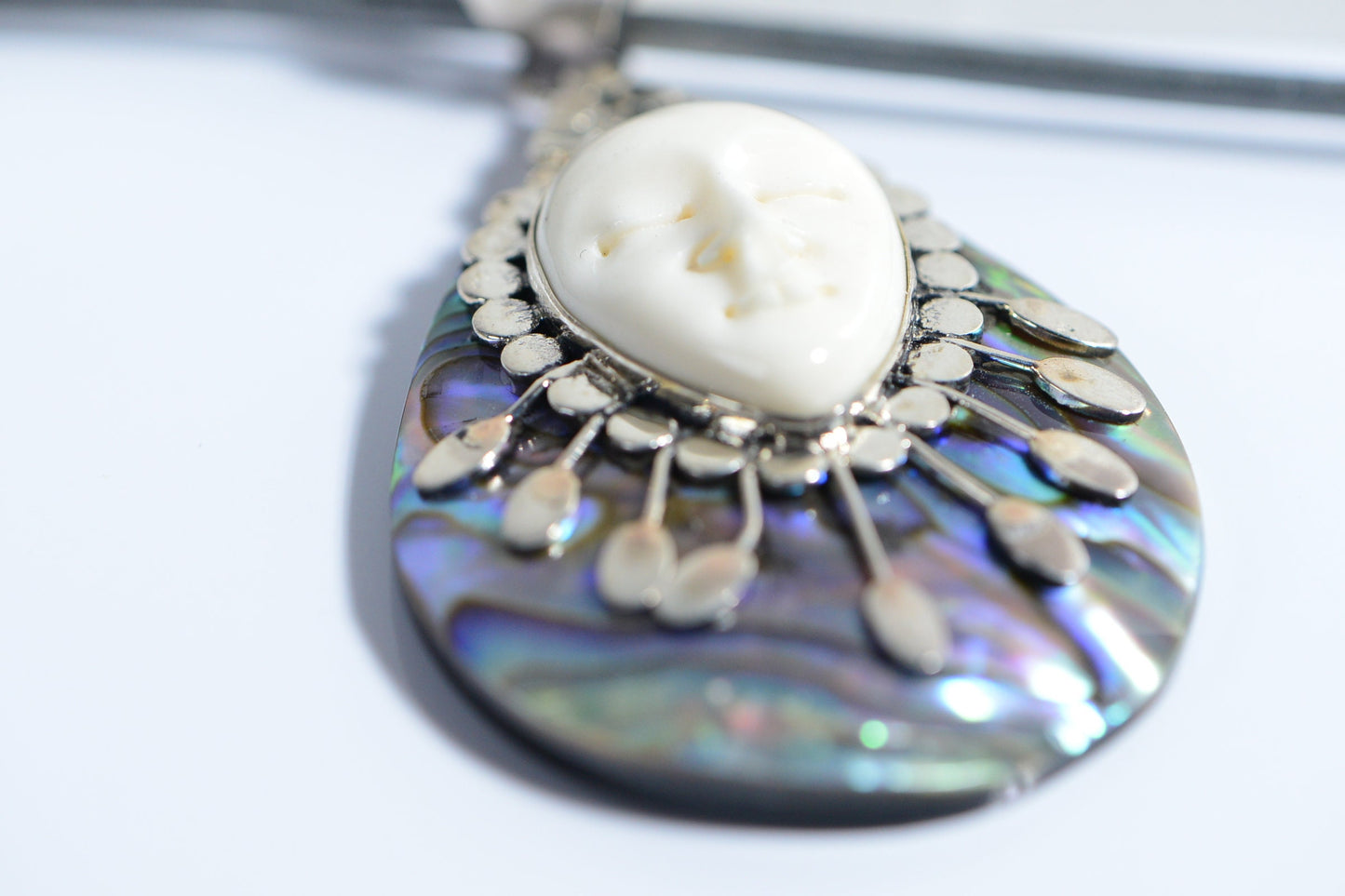 Abalone Shell Carved Bone Face Pendant Leather Necklace Sterling Silver Vintage Jewelry